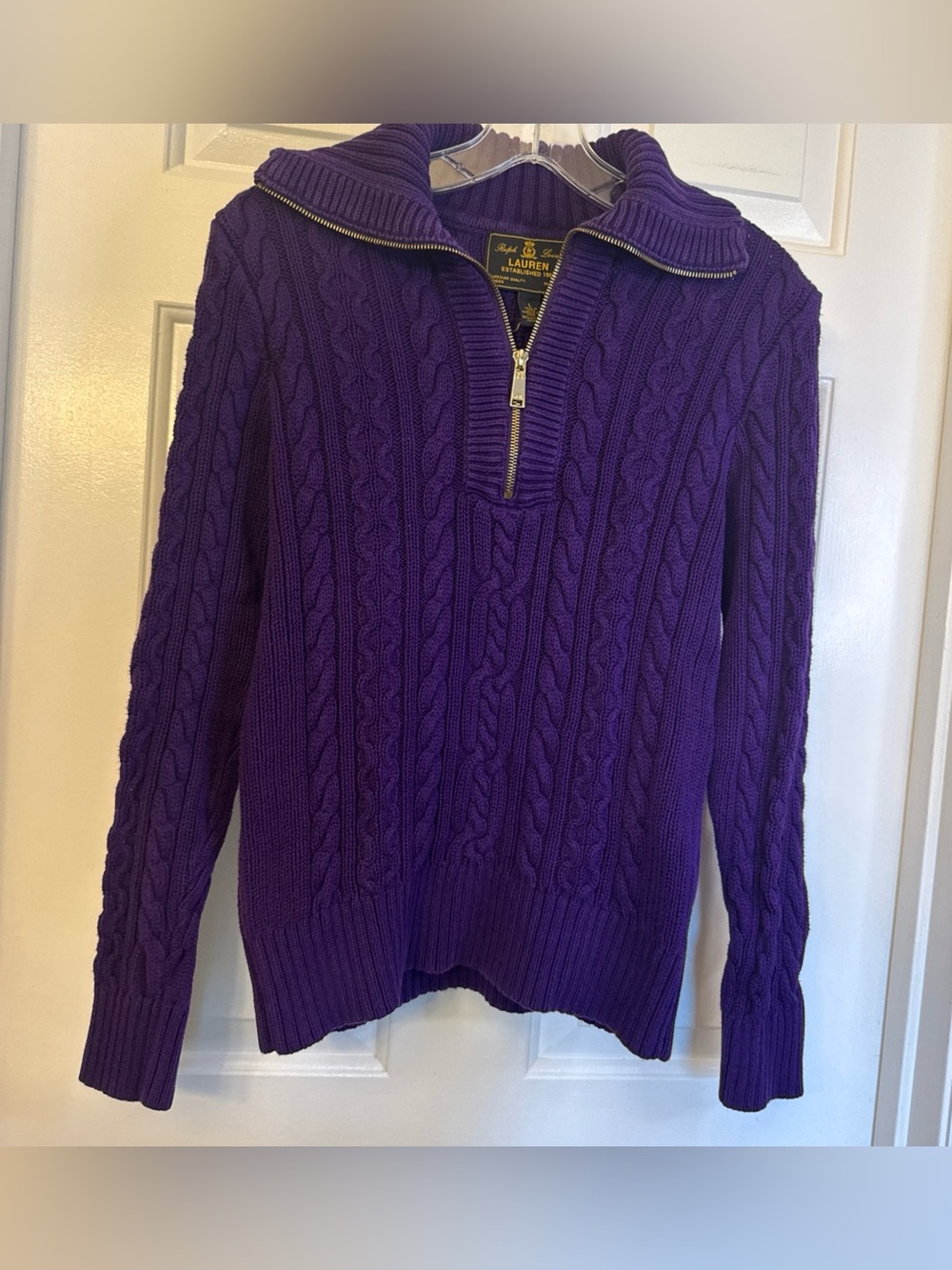 Lauren Ralph Sweater Black Label Quarter Zip Cable Knit Purple Women’s M